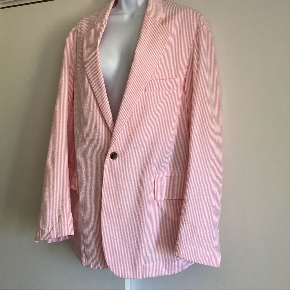 Denimist Pinstriped Pink Seersucker Deconstructed Oversized Blazer, XS Runs Big - Picture 8 of 14
